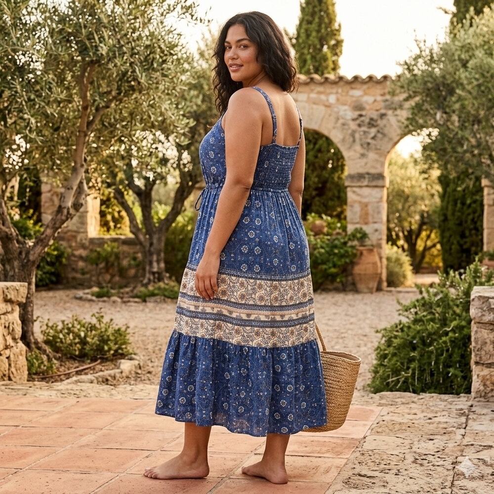 Lucky Brand Navy Floral Tiered Midi Dress Smocked Back Plus Size 2X Boho NWT